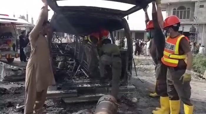 Six dead after passenger van catches fire in Kohat 