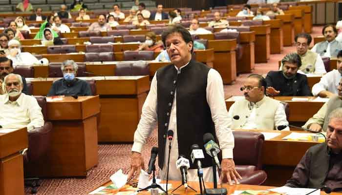 Prime Minister Imran Khan addresses a session of the National Assembly, following the passing of the federal budget a day earlier, on June 30, 2021. &mdash; Photo courtesy Twitter/NAofPakistan