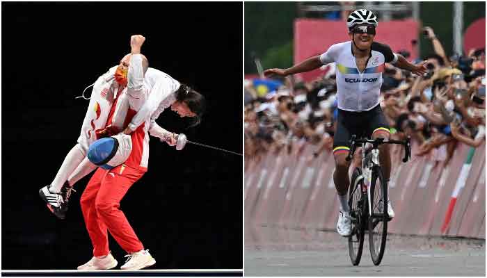 Chinas Sun Yiwen celebrates with her French coach Hugues Obry after winning in the womens epee individual gold medal bout and Ecuadors Richard Carapaz celebrates as he rides to the finish line to win the mens cycling road race during the Tokyo 2020 Olympic Games, Japan, July 24, 2021. &mdash; AFP