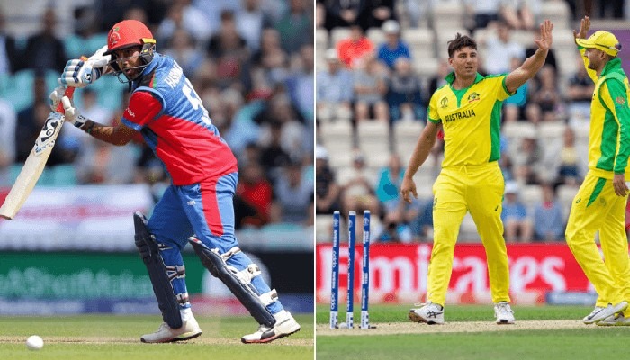 Afghanistan batsman plays a shot (Left) and Australian cricketers celebrate after taking a wicket (R). Photo: File