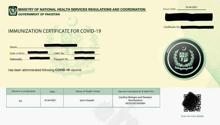 Sindh requests NCOC and Home Department to make vaccination certificates mandatory for various services. Photo&nbsp;&mdash; NADRA