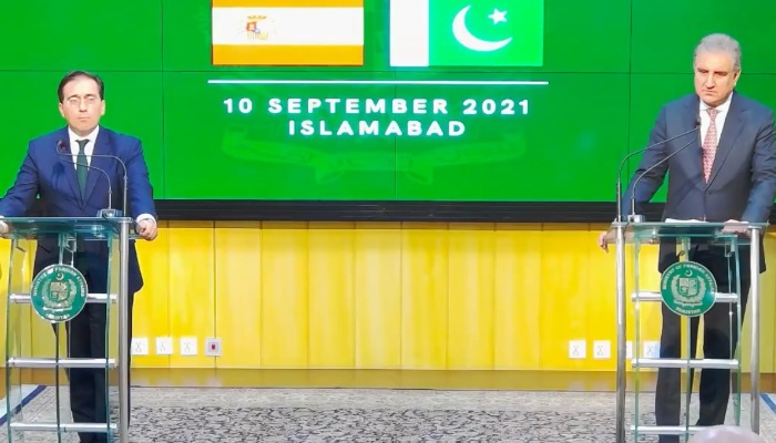 Spains Foreign Minister Jos&eacute; Manuel Albares (L) and Pakistans Foreign Minister Shah Mehmood Qureshi (R) speaking at the conference held Friday, 10th September 10, 2021. Courtesy: Ministry of Foreign Affairs/Facebook.