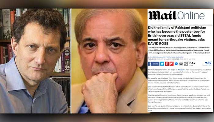Picture collage showing Daily Mail journalist David Rose, PML-N President Shahbaz Sharif, and a screenshot of the defamatory article against Shahbaz written by Rose — File.