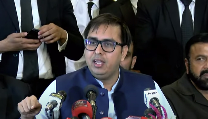 Special Assistant to Prime Minister on Political Communication Shahbaz Gill&nbsp; addressing a press conference in Lahore, on September 25, 2021. &mdash; YouTube/HumNewsLive
