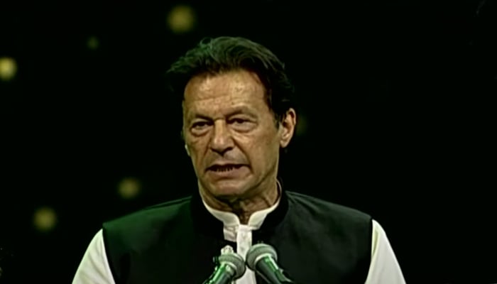 Prime Minister Imran Khan addressing the Rehmatul-lil-Alameen conference in Islamabad on the occasion of Eid Milad un Nabi on October 19, 2021. &mdash; Screengrab via Hum News Live.