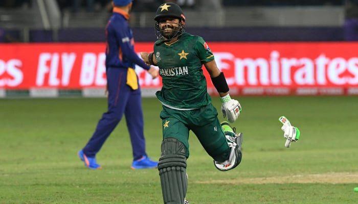 Pakistan´s Mohammad Rizwan celebrates the win in the ICC menâ€™s Twenty20 World Cup cricket match between India and Pakistan at the Dubai International Cricket Stadium in Dubai on October 24, 2021. — AFP