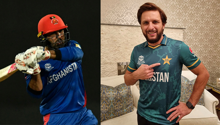 Afghanistan´s captain Mohammad Nabi plays a shot during the ICC Twenty20 World Cup cricket match between Afghanistan and Scotland at the Sharjah Cricket Stadium in Sharjah on October 25, 2021 (left) and former Pakistan captain Shahid Afridi. — AFP/Twitter