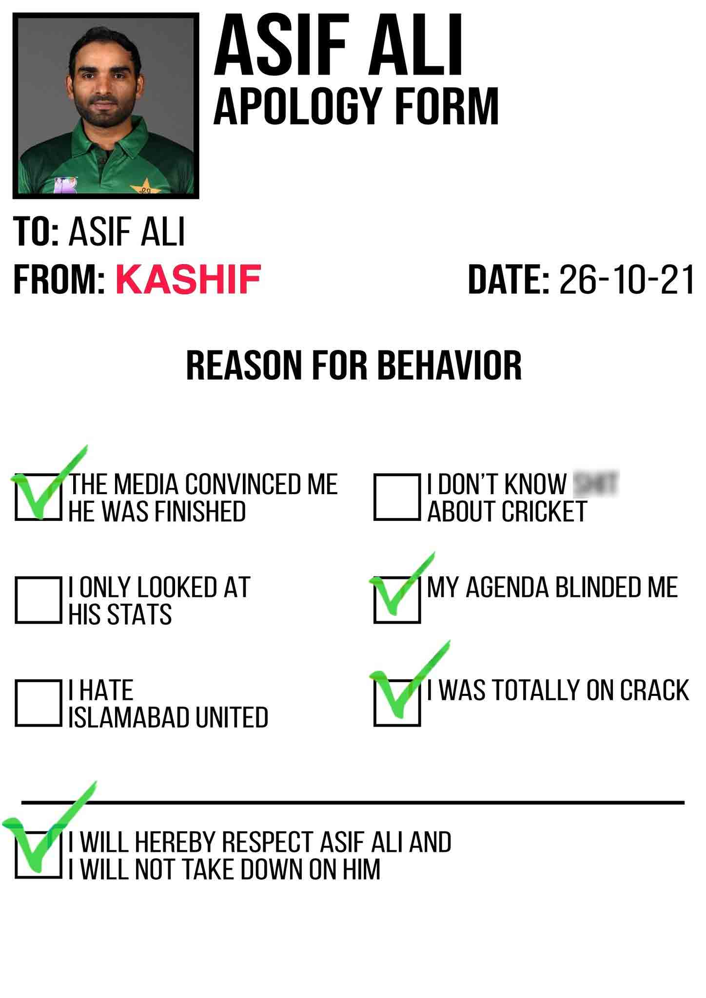 Asif Ali apology form. - @Kashif69420