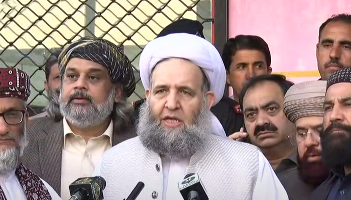 Minister of Religious Affairs and Interfaith Harmony Pir Noor-ul-Haq Qadri speaking during a press conference on Saturday, October 30, 2021. &mdash; Screengrab via Hum News Live