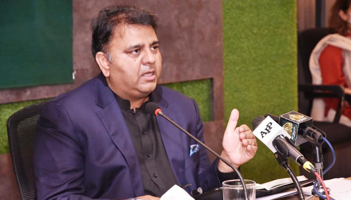 Minister for Information and Broadcasting Fawad Chaudhry addressing a press conference in Islamabad on November 9, 2021. &mdash; PID