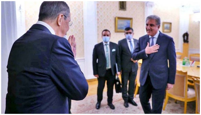 Minister of Foreign Affairs of the Russian Federation Sergey Lavrov greeting FM Qureshi before a bilateral meeting on the sidelines of Shanghai Cooperation Organization Council of Foreign Ministers. — APP