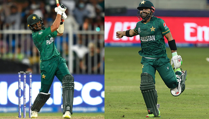 Shoaib Malik hits a six during the ICC Twenty20 World Cup cricket match between Pakistan and Scotland at the Sharjah Cricket Stadium in Sharjah on November 7, 2021 (left) and ICC Mens T20 World Cup 2021 - Super 12 - Group 2 - India v Pakistan - Dubai International Stadium, Dubai, United Arab Emirates - October 24, 2021 Pakistans Mohammad Rizwan celebrates after making the winning run. — AFP/Reuters/File