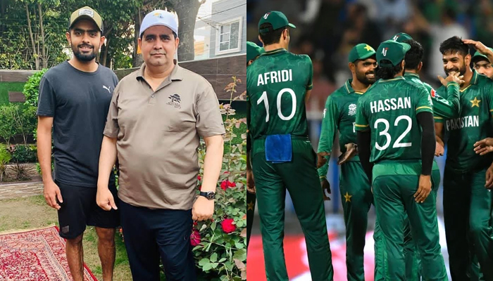 Pakistani skipper Babar Azams father, Azam Siddique (left) and Pakistans cricketers celebrate after the dismissal of Scotlands George Munsey during the ICC Twenty20 World Cup cricket match between Pakistan and Scotland at the Sharjah Cricket Stadium in Sharjah on November 7, 2021. — Facebook/AFP/File