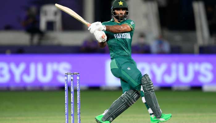 Pakistans Fakhar Zaman plays a shot during the ICC Mens Twenty20 World Cup semi-final match between Australia and Pakistan at the Dubai International Cricket Stadium in Dubai on November 11, 2021. — Photo by Aamir Qureshi/AFP