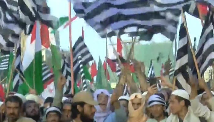 Protesters belonging to the Pakistan Democratic Movement (PDM) can be seen during an anti-government protest of the PDM in Karachi on November 13, 2021. — YouTube/HumNews