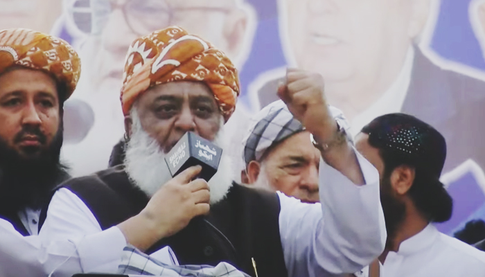 Pakistan Democratic Movement (PDM) and JUI-F chief Fazlur Rehman  addressing an anti-government protest of the PDM in Karachi on November 13, 2021. — YouTube/HumNews
