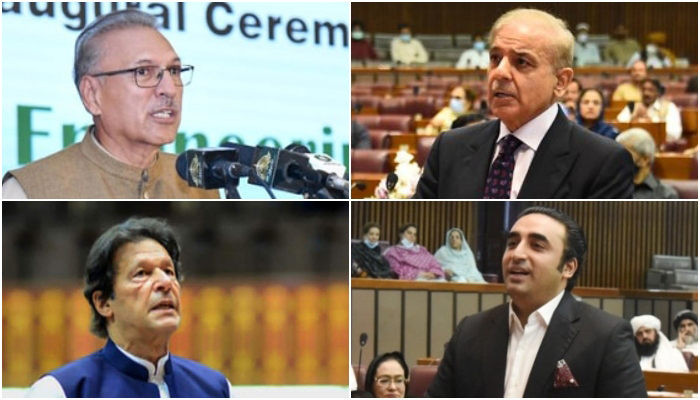 President Arif Alvi (upper left), Prime Minister Imran Khan (bottom left), Opposition Leader in the National Assembly Shahbaz Sharif (upper right), and PPP chairperson Bilawal Bhutto Zardari (bottom left). — PID/AFP/Twitter/File