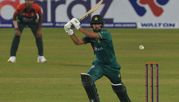 Pakistan´s Khushdil Shah plays a shot during the first Twenty20 international cricket match between Bangladesh and Pakistan at the Sher-e-Bangla National Cricket Stadium in Dhaka on November 19, 2021. — AFP