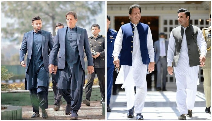Former Special Assistant to the Prime Minister on Overseas Pakistanis, Zulfi Bukhari walking alongside Prime Minister Imran Khan — Twitter