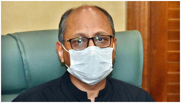 Sindh Minister for Information Saeed Ghani addressing a press conference at the Sindh Assembly in Karachi, on April 5, 2021. &mdash; APP/File