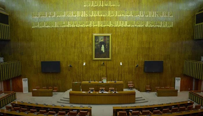 This undated file photo shows the hall of the Senate of Pakistan, located in the east wing of the Parliament Building, Islamabad. &mdash; Senate of Pakistan