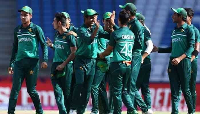 Pakistani players celebrate after taking a wicket during the&nbsp;U19 World Cup 2022 match against Afghanistan. Photo: PCB
