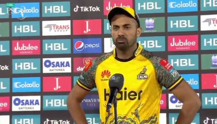 Peshawar Zalmi captain Wahab Riaz speaks in a post-match ceremony. Twitter