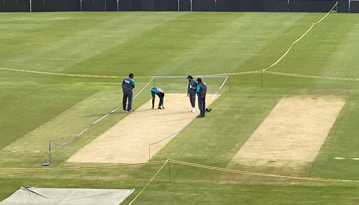 Head coach Saqlain Mushtaq, batting consultant Mohammad Yousaf, captain Babar Azam and his deputy, Mohammad Rizwan, inspecting the pitch at Pindi Stadium, on March 2, 2022. — Picture Arfa Feroz Zake