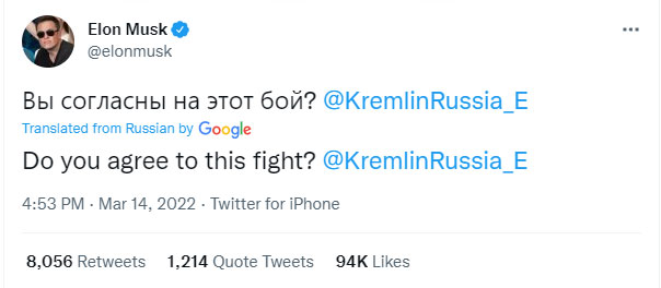 Elon Musk challenges Putin to single combat over Ukraine