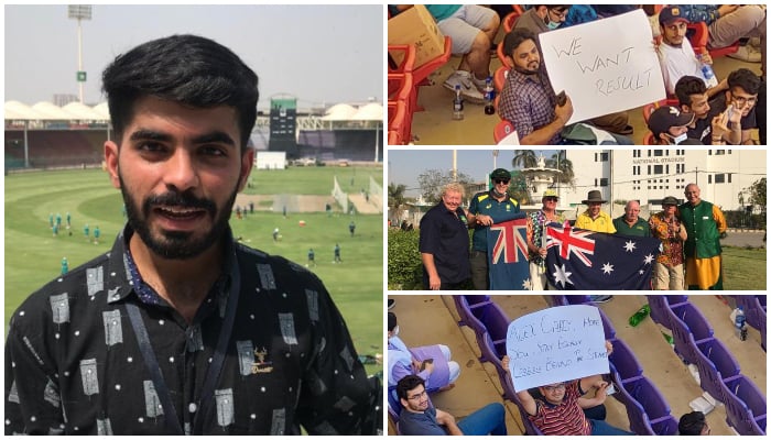 Journalist Muzamil Asif talks on camera (left) people raising banners and standing outside the National Stadium in Karachi. — Photos by author