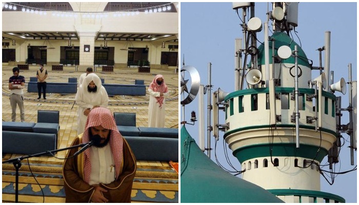 A congregational prayer (Left), speakers of a mosque (Right).&nbsp; &mdash; Reuters/AFP.
