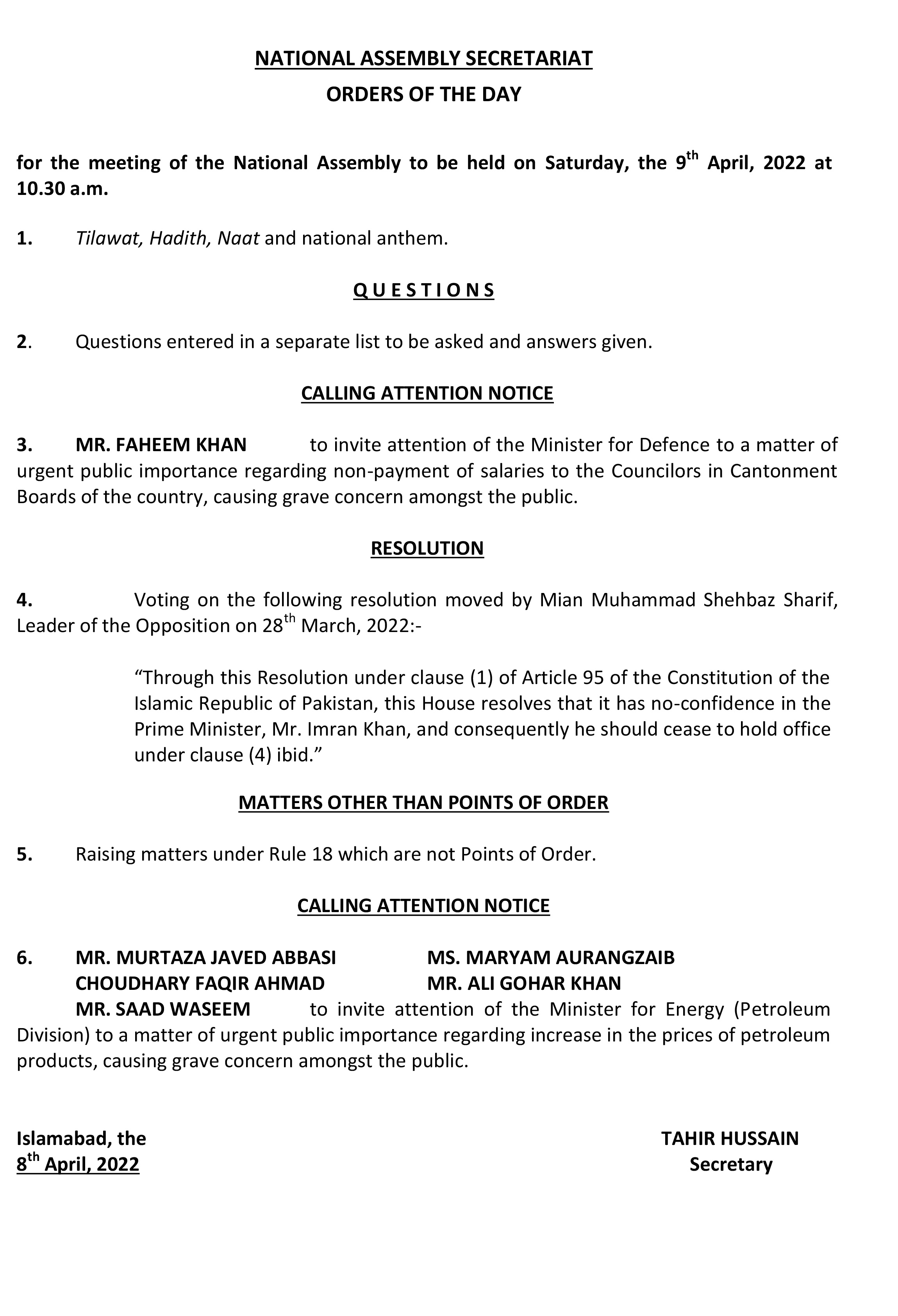 The NA agenda for Saturday (April 9). — National Assembly website