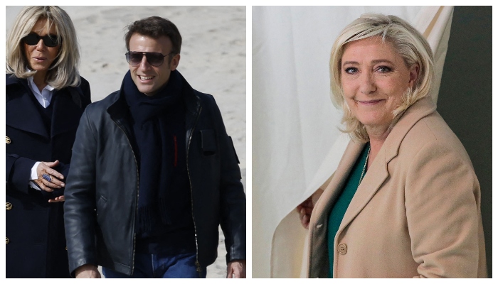 (Right to left) French President and La Republique en Marche (LREM) party candidate for re-election Emmanuel Macron and his wife Brigitte Macron meet people during a walk on a beach after he voted for the first round of France´s presidential election at a polling station in Le Touquet, northern France; French far-right party Rassemblement National (RN) presidential candidate Marine Le Pen leaves the polling booth as she votes during the first round of France´s presidential election at a polling station in Henin-Beaumont, northern France on April 10, 2022. — AFP