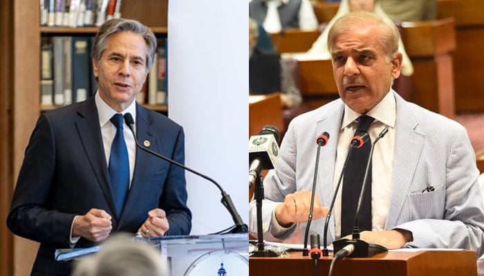 Left US Secretary of State Antony Blinken speaking to a gathering in Horward University and PM Shehbaz Sharif addressing the NA after election. — US State Department/ National Assembly of Pakistan Twitter.