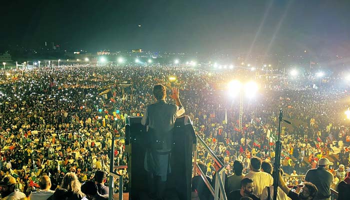 PTI Chairman and former prime minister Imran Khan addresses a charged crowd at Karachis Bagh-e-Jinnah on April 16, 2022. — Twitter/@PTIofficial