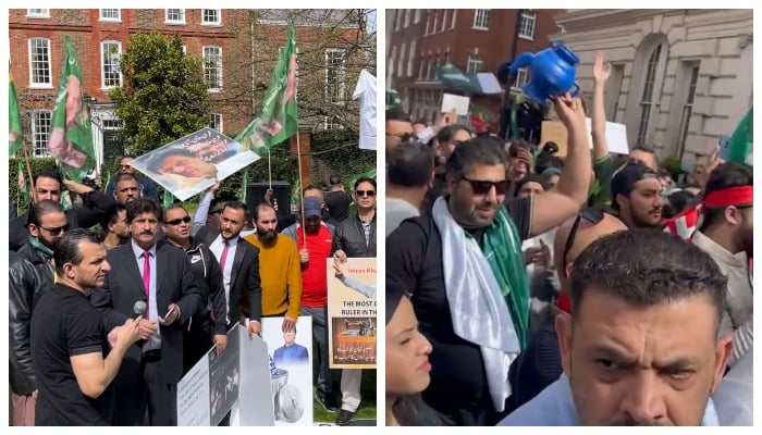 (right to left) PML-N supporters in the UK protest outside Jemima Goldsmiths residence; PTI supporters protest outside Avenfield flats. — Author