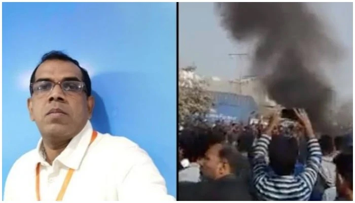 Sri Lankan citizen Priyantha Kumara (L) and a screengrab of the incident that took place last year in Sialkot. — Twitter/@ijounaliraza