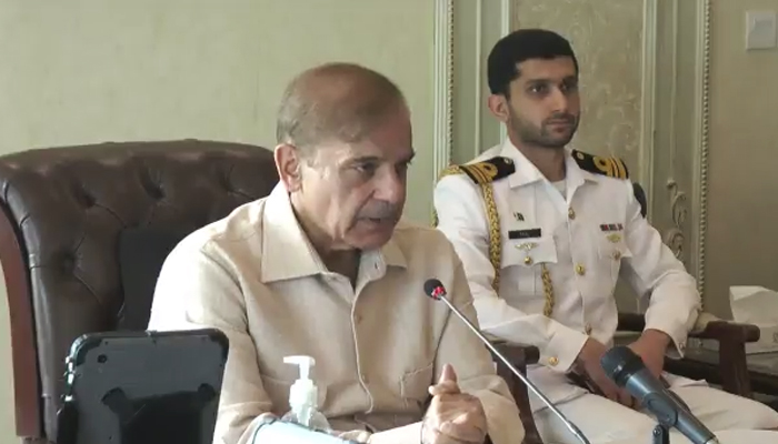 Prime Minister Shehbaz Sharif chairs his maiden cabinet meeting at the PM Office in Islamabad, on April 20, 2022. — Twitter/@PakPMO