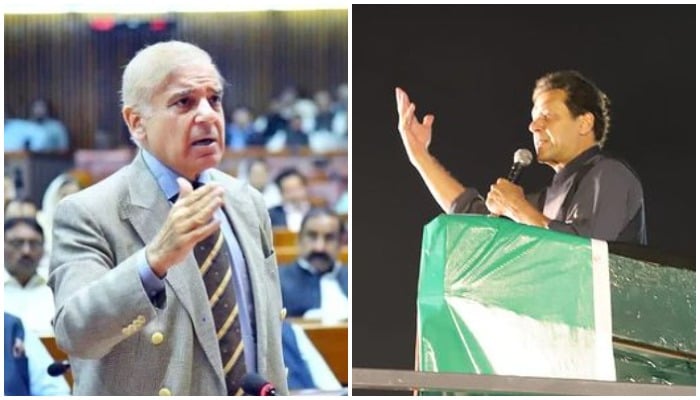 PM Shehbaz Sharif addresses National Assembly (L) and PTI Chairman Imran Khan addresses a rally in Karachi. (R). — Twitter/@NAofPakistan; Instagram/@ptiofficial