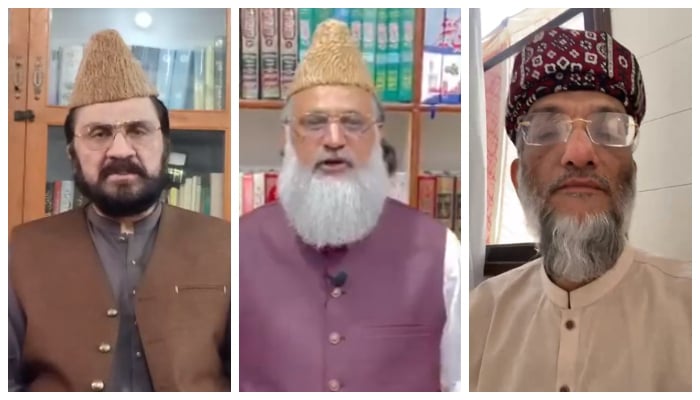 Chairman of Central Ulema Council Pakistan Sahibzada Zahid Mahmood Qasmi, President Milli Yakjehti Council and Jammat Ulema-o-Pakistan Sahibzada Abdul Khair Muhammad Zubair, Amir Muttahida Jamiat Ahle Hadith Pakistan Allama Zia Ullah Shah Bukhari. — Screengrab