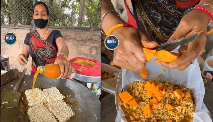 Woman cooks Mango Maggi.&mdash;Screengrab via Instagram/@thegreatindianfoodie