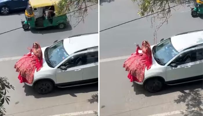 Bride sits on the bonnet of a car with a viral audio playing in the background and proposes to her husband-to-be.&mdash;Screengrab via Instagram/Leena Bhushan