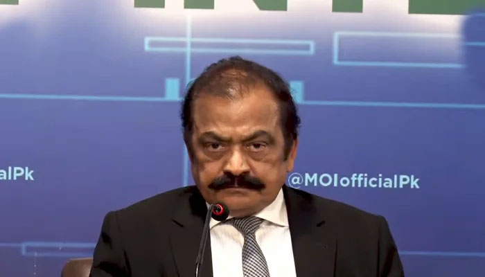 Interior Minister Rana Sanaullah addresses a press conference at the Ministry of Interior in Islamabad, on April 22, 2022. &mdash; YouTube/ via PTV News Live