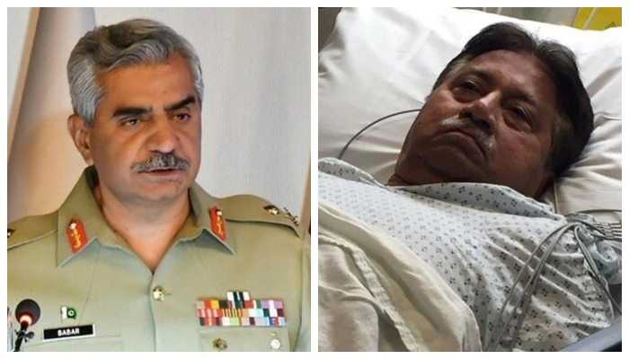 Inter-Services Public Relations (ISPR) Director General Major General Babar Iftikhar address a press conference in this undated photo (left) and former army chief Pervez Musharraf lies on a hospital bed in this undated photo. &mdash; ISPR/Twitter/File