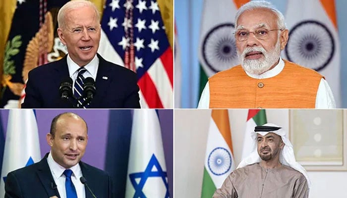 A collage of US President Joe Biden (top left), Indian Prime Minister Narendra Modi (top right) Israeli President Naftali Bennett (bottom left) and UAE President Mohamed Bin Zayed Bin Al Nahyan (bottom right).