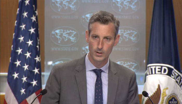 US state department spokesperson Ned Price speaking during press briefing. Photo&mdash;&nbsp;state department YouTube