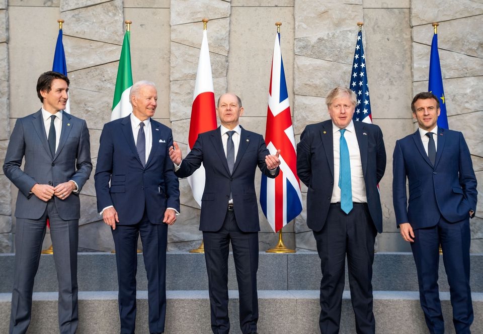 Canadas Prime Minister Justin Trudeau, U.S. President Joe Biden, German Chancellor Olaf Scholz, Britains Prime Minister Boris Johnson and Frances President Emmanuel Macron pose for a family photo during the G7 summit in Brussels, Belgium, March 24, 2022. &mdash; Reuters