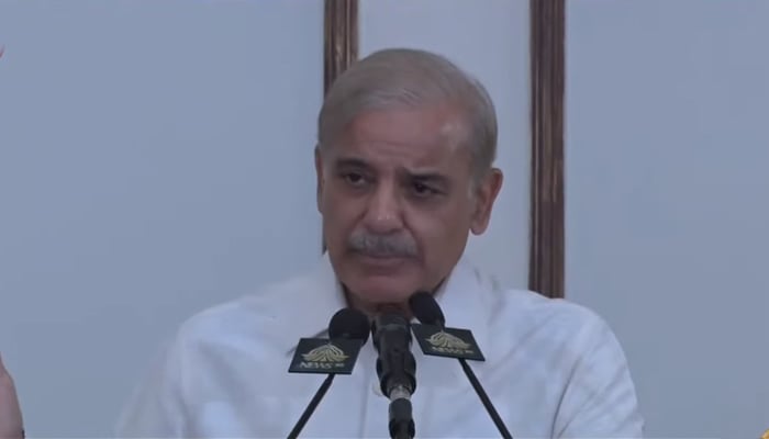 Prime Minister Shehbaz Sharif addressing ruling parties members of National Assembly in Islamabad, on June 27, 2022. &mdash; YouTube/PTVNews