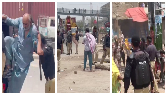 This photo collage shows the situation on Mauripur Road in Karachi, on June 28, as residents of the area staged a protest against prolonged load-shedding. — Geo News