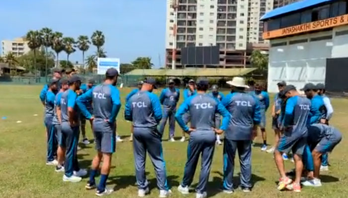 Pakistan cricket team in a huddle at a Sri Lankan ground. — Screengrab/Twitter/PCB